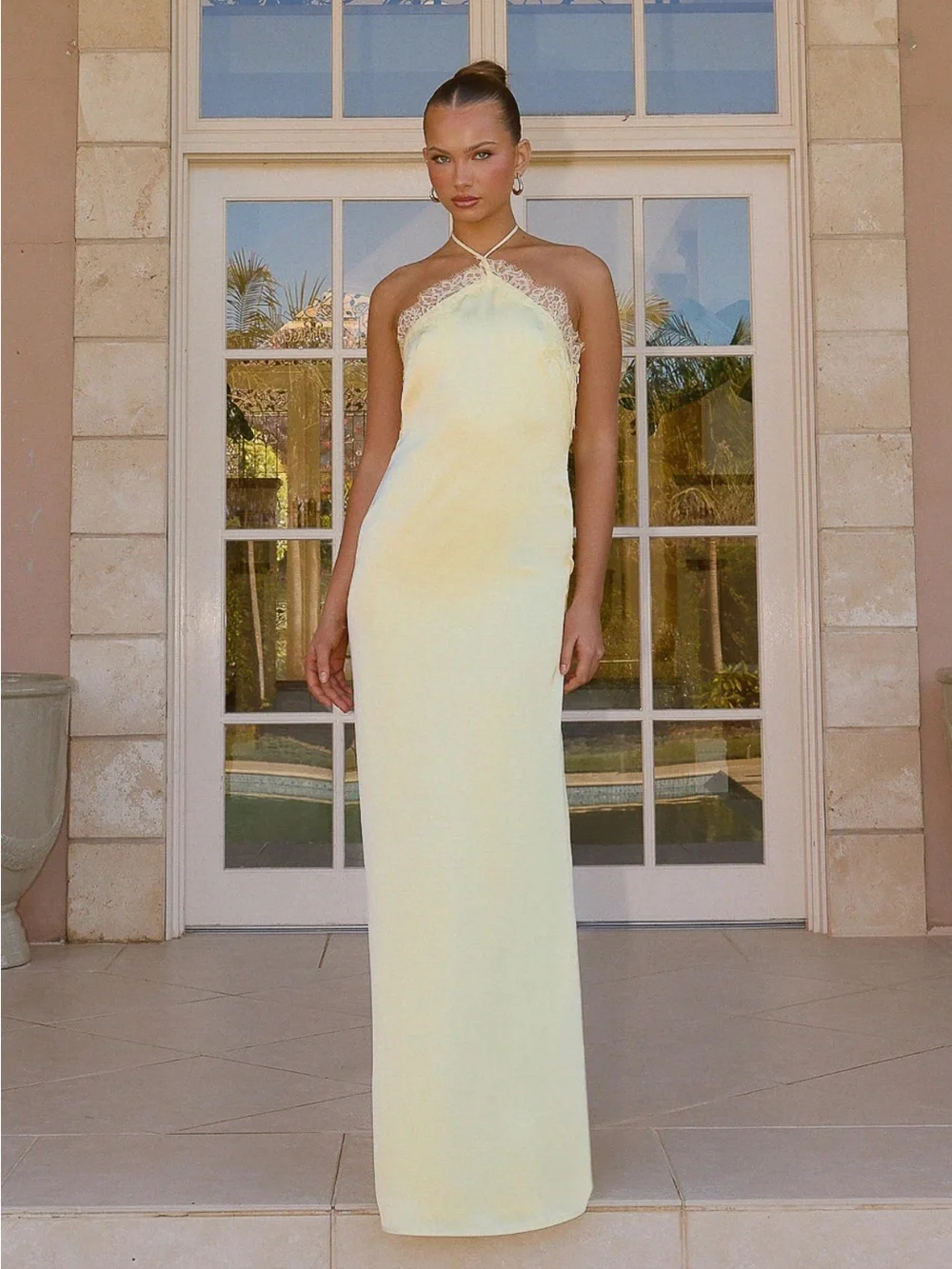 Halter Lace-Trim Satin Maxi Dress in Pale Yellow - Picture 1 of 3